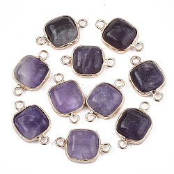 Natural Amethyst Links connectors, with Brass Findings, Square, Golden, 21x13x5~5.5mm, Hole: 2.5mm(G-S344-69G)