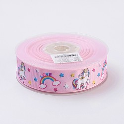 Polyester Grosgrain Ribbons, Unicorn Pattern, Pink, 26mm, about 100yards/roll(91.44m/roll)(ORIB-F002-A01)