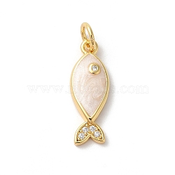 Rack Plating Brass Clear Cubic Zirconia Pendants, with Enamel and Jump Ring, Long-Lasting Plated, Cadmium Free & Lead Free, Fish, Real 18K Gold Plated, White, 18x7x3mm, Hole: 3mm(KK-Z056-33G-04)