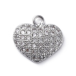 Brass Micro Pave Cubic Zirconia Pendants, Heart,  Clear, Platinum, 11.5x11.5x2mm, Hole: 1.6mm(ZIRC-G157-05P)