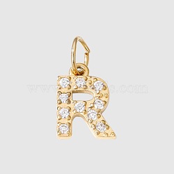 Stainless Steel Cubic Zirconia Pendants with Jump Rings, Real 14K Gold Plated, Long-Lasting Plated, Letter R, 8mm(X-FIND-PW0024-08R)