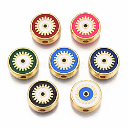 Rack Plating Alloy Enamel Pendants, Light Gold, Cadmium Free & Nickel Free & Lead Free, Flat Round with Evil Eye, Mixed Color, 12x4.5mm, Hole: 2mm(PALLOY-N172-067)