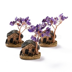 Resin & Natural Amethyst Model Ornament, House & Trees, for Desk Home Decoration, 37~52x31~33x67~70mm(DJEW-Z001-01F)