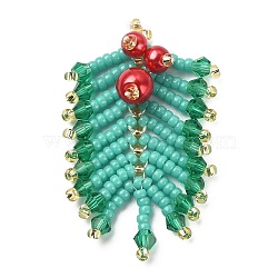MIYUKI Rocailles Beaded Pendents, with Glass Pearl Round Beaded, Leaf Charms, Medium Turquoise, 36~38x25~27x8mm, Hole: 0.7mm(PALLOY-MZ00148-02)