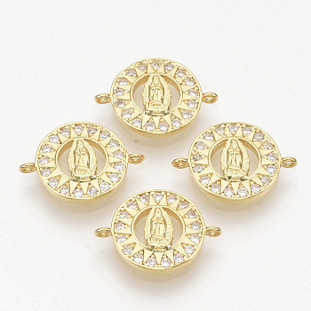 Brass Micro Pave Clear Cubic Zirconia Links connectors, Flat Round with Virgin Mary, Golden, 13x18x2.5mm, Hole: 1mm