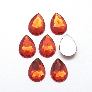 Acrylic Rhinestone Flat Back Cabochons, Faceted, Bottom Silver Plated, teardrop, Red, 14x10x3.5mm