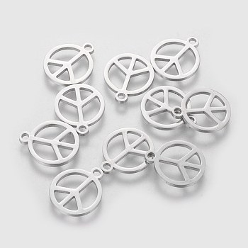 304 Stainless Steel Charms, Flat Round with Peace Sign, Stainless Steel Color, 14x12x1mm, Hole: 1.5mm