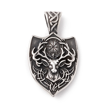 Tibetan Style 304 Stainless Steel Pendants, Shield, Antique Silver, 49x28x9.5mm, Hole: 8.5x5mm