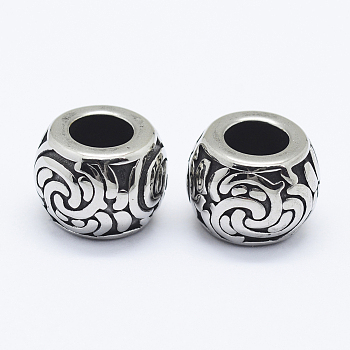 304 Stainless Steel Beads, Large Hole Beads, Rondelle with Flower, Antique Silver, 12x9mm, Hole: 5.5mm
