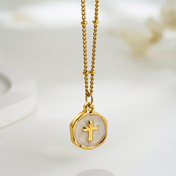 304 Stainless Steel Enamel Flat Round Pendant Necklaces for Women, Real 18K Gold Plated, Cross, 15.75 inch(40cm)