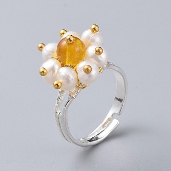 Adjustable Natural Citrine Finger Rings, with Natural Pearl, Silver Plated Brass Ring Shanks and Ball Head Pin, with Cardboard Packing Box, Size 7, 17mm