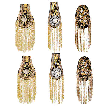 6Pcs 3 Styles Fashionable Tassel Epaulettes, Shoulder Badge, with Iron Chains & Pin, Cloth Findings, Golden, 170~250x56~65x8.5~13mm, 2pcs/style