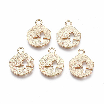 Long-Lasting Plated Brass Charms, Textured, Flat Round, Nickel Free, Real 18K Gold Plated, Real 18K Gold Plated, 13x11x2.5mm, Hole: 1.4mm