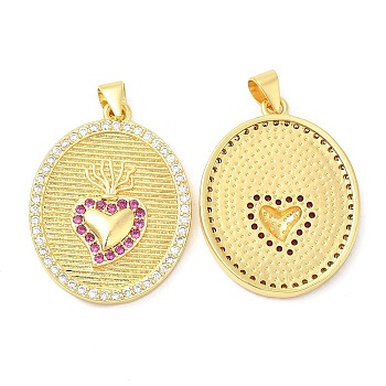 Brass Micro Pave Cubic Zirconia Pendants, Oval with Heart, Real 18K Gold Plated, 28x21x3mm, Hole: 3.5x3.5mm