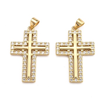 Brass Micro Pave Clear Cubic Zirconia Pendants, Long-Lasting Plated, Cross, Real 18K Gold Plated, 29x18.5x1.3mm, Hole: 2.5x3mm