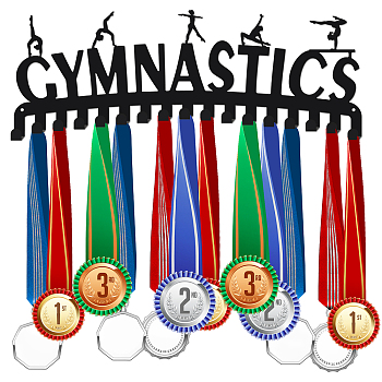 Iron Medal Holder Frame, Medals Display Hanger Rack, 17 Hooks, with Screws, Rectangle with Word Gymnastics, Word, 150x400mm