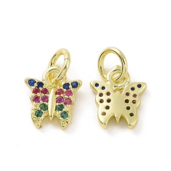 Brass Micro Pave Colorful Cubic Zirconia Charms, with Jump Ring, Butterfly Charm, Real 18K Gold Plated, 9x7.5x2mm, Hole: 3.2mm