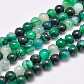 Natural Striped Agate/Banded Agate Bead Strands, Dyed & Heated, Round, Grade A, Sea Green, 8mm, Hole: 1mm, about 48pcs/strand, 15.1 inch(385mm)