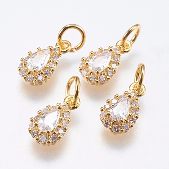 Brass Micro Pave Cubic Zirconia Charms, Cadmium Free & Lead Free, teardrop, Real 18K Gold Plated, 11x6x3.5mm, Hole: 3mm