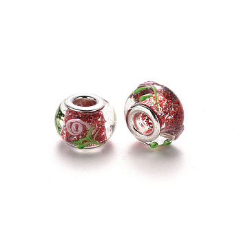 Handmade Lampwork European Beads, Large Hole Rondelle Beads, with Glitter Powder and Platinum Tone Brass Double Cores, Bumpy Lampwork, Flower, Red, 14~15x9~10mm, Hole: 5mm