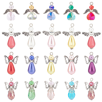 60Pcs 4 Style Electroplate Glass Pendants, with Wing Alloy Beads and Iron Findings, with ABS Plastic & Acrylic Imitation Pearl Beads, Angel, Mixed Color, 22~33x18~23.5x6~10mm, Hole: 2~3mm, 15pcs/style