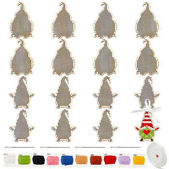 DIY Cross-Stitch Kits, Including Wooden Needlecraft Cross-stitch Embroidered Pendant Blanks, Embroidery Cord, ABS Plastic Knitting Needles, Polyester Ribbon, Gnome: 84.5~94.5x59.5~64.5x3.5mm, 16pcs