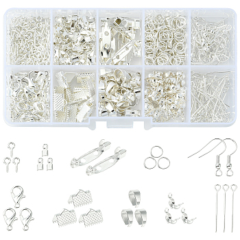 DIY Jewelry Making Finding Kits, Including Alloy Clasps, Iron Bead Tips & Jump Rings & Earring Hooks & Eye Pins & Pinch Bails & Ribbon Crimp Ends & Brooch Findings, Silver, 749Pcs/box