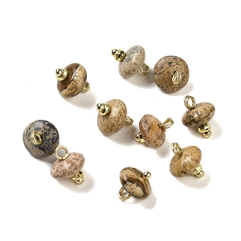 Natural Picture Jasper Rondelle Charms with Rack Plating Brass Loops, Real 18K Gold Plated, Long-Lasting Plated, 9.5~11x8~8.5mm, Hole: 1.8mm