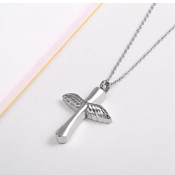 Cross and Wings Urn Ashes Pendant Necklace, 316L Stainless Steel Memorial Jewelry for Women, Silver, 19.69 inch(50cm)