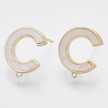 Brass Stud Earring Findings, with Shell and Loop, Nickel Free, Letter C, Creamy White, Real 18K Gold Plated, 16.5x14mm, Hole: 0.9mm, Pin: 0.8mm