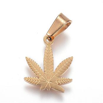 304 Stainless Steel Charms, Pot Leaf/Hemp Leaf Shape, Weed Charms, Golden, 15.5x13x1.5mm, Hole: 4.5x7mm