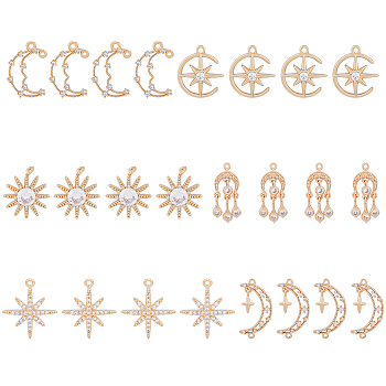 24Pcs 6 Styles Brass Micro Pave Cubic Zirconia Pendants, Star & Sun & Moon, Long-Lasting Plated, Light Gold, Clear, 17.5~25x10.5~18x2~4.5mm, Hole: 1~1.8mm, 4pcs/style