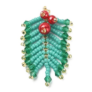 MIYUKI Rocailles Beaded Pendents, with Glass Pearl Round Beaded, Leaf Charms, Medium Turquoise, 36~38x25~27x8mm, Hole: 0.7mm