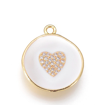 Golden Plated Brass Micro Pave Cubic Zirconia Pendants, with Enamel, Long-Lasting Plated, Flat Round with Heart, White, 23x20x3mm, Hole: 1.8mm