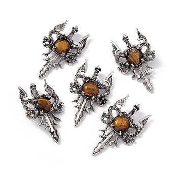 Natural Tiger Eye Pendants, Sword Charms, with Rack Plating Antique Silver Tone Alloy Findings, Cadmium Free & Lead Free, Faceted, 48x29x6.5mm, Hole: 6x3.5mm
