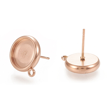 Ion Plating(IP) 304 Stainless Steel Stud Earring Findings, Flat Round, Rose Gold, 13x10.5mm, Hole: 1.6mm, Pin: 0.7mm, Tray: 8mm
