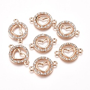 Alloy Links Connectors, with Crystal Rhinestone, Flat Round with Heart, Golden, 15x21x2mm, Hole: 1.5mm(ALRI-TAC0003-10G)