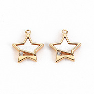 Brass Micro Pave Clear Cubic Zirconia Charms, with Natural Shell, Nickel Free, Star, Real 18K Gold Plated, 12.5x11.5x2mm, Hole: 1mm(KK-S356-300-NF)