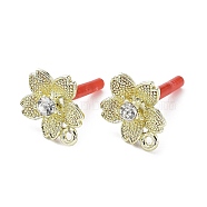 Rack Plating Alloy Flower Stud Earrings Finding, with Rhinestone & Horizontal Loops & 304 Stainless Steel Pin, Cadmium Free & Nickel Free & Lead Free, Golden, 15x13.5mm, Hole: 1mm, Pin: 0.6mm(EJEW-B030-13G)