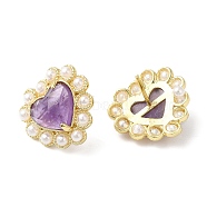 Natural Amethyst Heart Stud Earrings with Plastic Pearl Beaded, Real 14K Gold Plated Brass Jewelry, 16.5x17.5mm(EJEW-E599-02G-02)