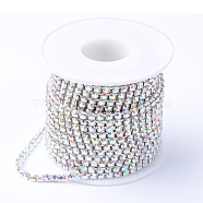Brass Rhinestone Strass Chains, Rhinestone Cup Chains, with Spool, Silver Color Plated, Crystal AB, 2mm, about 10yards/roll(CHC-T001-SS6-02S)