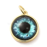 Real 18K Gold Plated Brass Pendants, with Acrylic and Jump Ring, Flat Round with Evil Eye Charms, Pale Turquoise, 16x14x5.5mm, Hole: 3.4mm(KK-A198-03G-03)