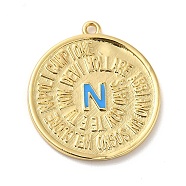 Rack Plating Brass Enamel Pendant, Lead Free & Cadmium Free, Long-Lasting Plated, Flat Round with Letter N Charm, Real 18K Gold Plated, 22x20x1.5mm, Hole: 1.2mm(KK-Q772-18G)