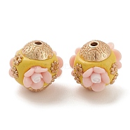 Handmade Indonesia Beads, with Alloy Findings and Resin, Rondelle with Flower, Pink, 16x16.5x16mm, Hole: 1.8mm(IPDL-B001-01E)