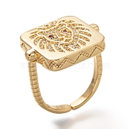 Brass Micro Pave Cubic Zirconia Cuff Rings, Open Rings, Square with Lion, Textured, Cadmium Free & Lead Free, Real 18K Gold Plated, Inner Diameter: 17x15.5mm(RJEW-P018-17G)