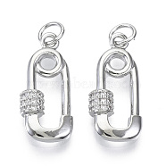 Brass Micro Pave Cubic Zirconia Pendants, Nickel Free, with Jump Rings, Safety Pin Shape, Clear, Real Platinum Plated, 20x9x4mm, jump Ring: 5x0.6mm, inner diameter: 3mm(ZIRC-S061-176P-NF)