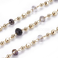 Handmade Glass Beaded Chains, Soldered, with Brass Chains and Beads, Long-Lasting Plated, with Spool, Faceted Rondelle, Real 18K Gold Plated, Black, 1.5x1.5x1.5mm, about 32.8 Feet(10m)/roll(CHC-K007-G04-G)