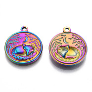 201 Stainless Steel Pendants, Flat Round with Fox Charm, Rainbow Color, 23.5x20.5x3mm, Hole: 2mm(STAS-N098-142M)