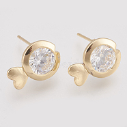 Brass Cubic Zirconia Stud Earrings, Fish, Nickel Free, Real 18K Gold Plated, 11x15mm, Pin: 0.8mm(KK-T029-114G)