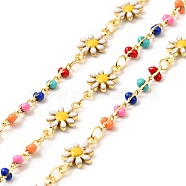 Brass Daisy Flower Link Chains, with Enamel Beaded, Real 18K Gold Plated, Soldered, with Spools, Long-Lasting Plated, Colorful, 12.5x7.5x2mm, 5.5x3x1.8mm(CHC-C003-11G)